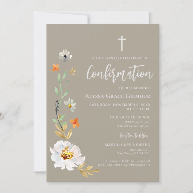 Boho Cross Girl Confirmation Watercolor flowers Invitation (Front)