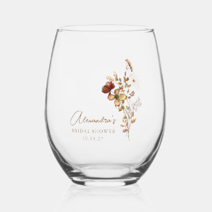 Boho Custom Earthy Nature Botanical Bridal Shower Stemless Wine Glass