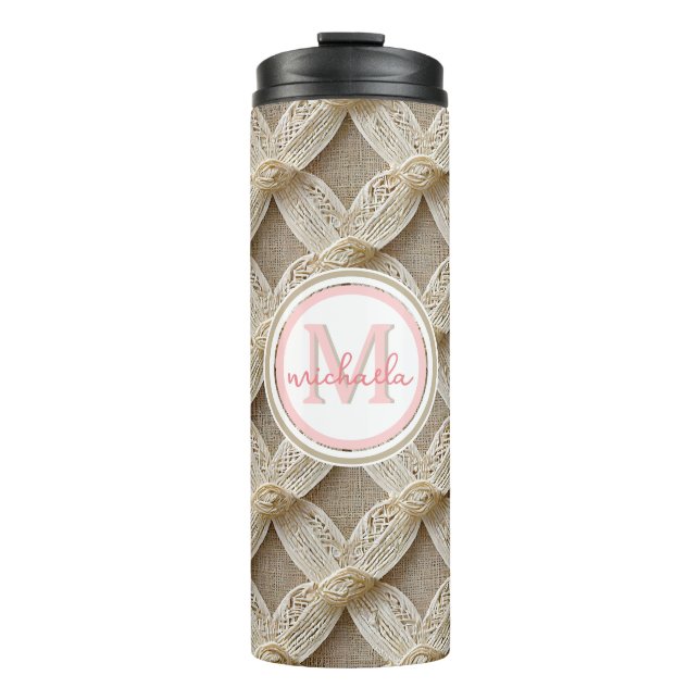Boho Custom Personalized Pink & White Monogrammed Thermal Tumbler (Front)