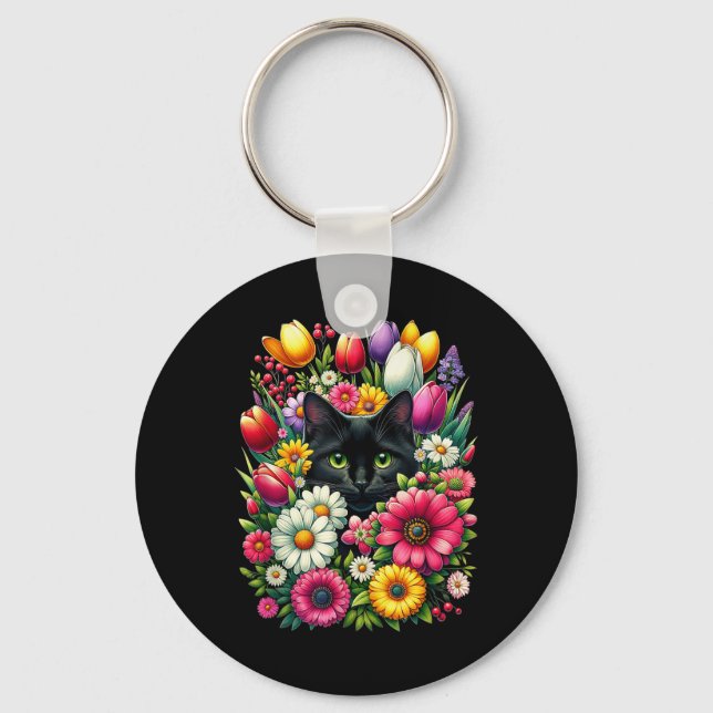 Boho Cute Black Cat Hiding In Spring Flowers  Keychain (Front)