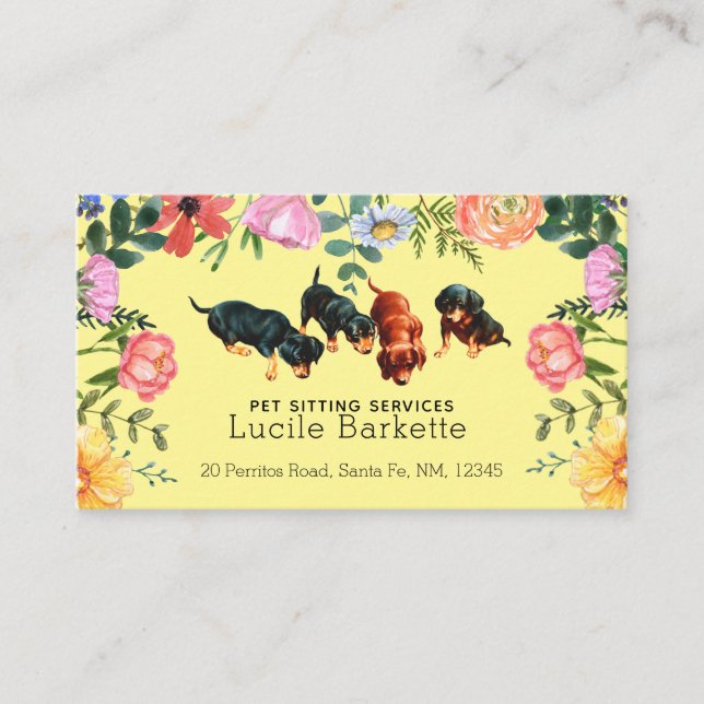Boho Cute Dachshund Pet Sitting Wildflowers Yellow Business Card (Front)