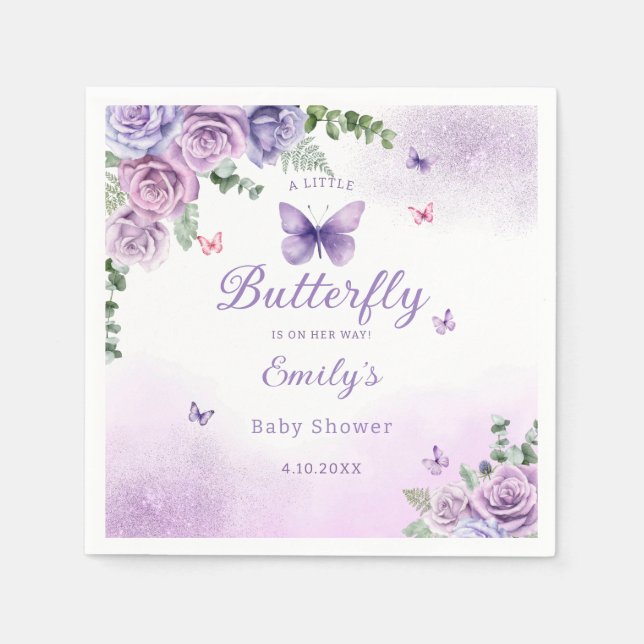 Boho cute Floral Purple Butterfly girl Baby Shower Napkin (Front)