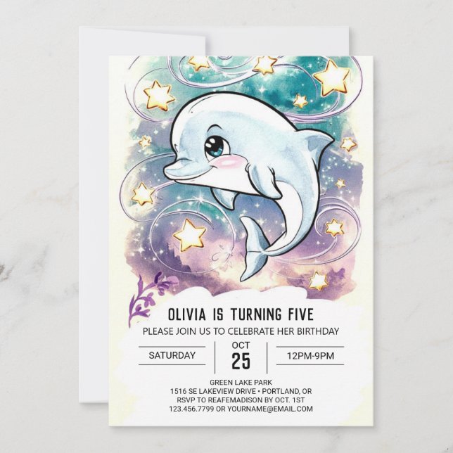  Boho Cute Kids' Dolphin Birthday Invitation (Front)