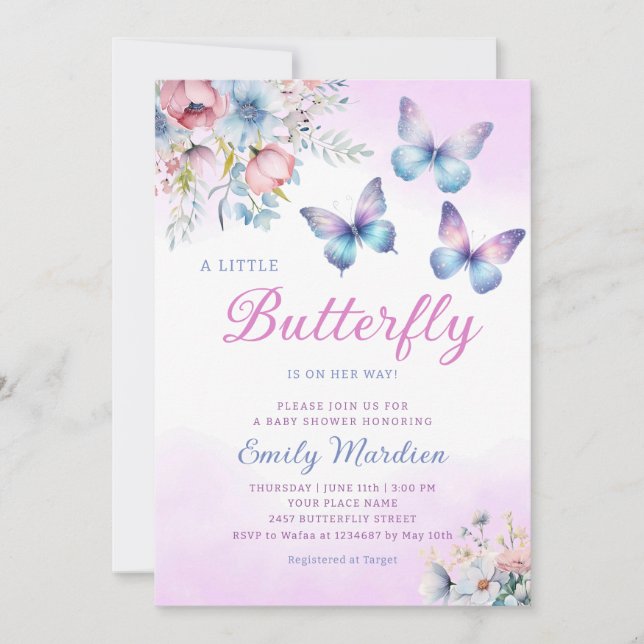 Boho Cute Purple Floral Butterfly Girl Baby Shower Invitation (Front)