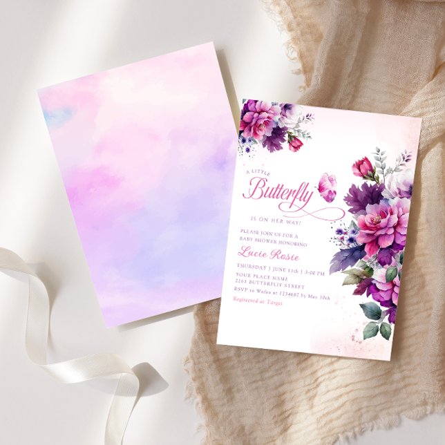 Boho Cute Purple Floral Butterfly Girl Baby Shower Invitation (Creator Uploaded)