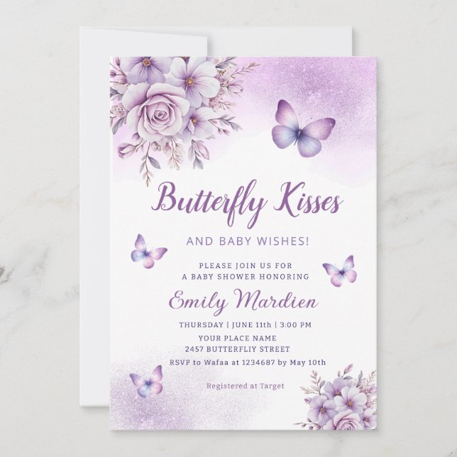 Boho cute Purple Floral Butterfly Girl Baby Shower Invitation (Front)