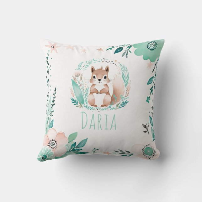 Boho Cute Squirrel Coussin Pastel Green (Verso)