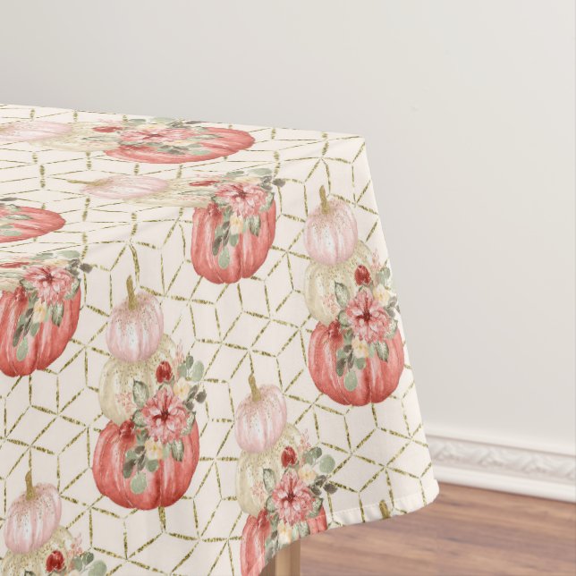 Boho Cute Watercolor Blush Pink Cream Pumpkins Tablecloth (In Situ)