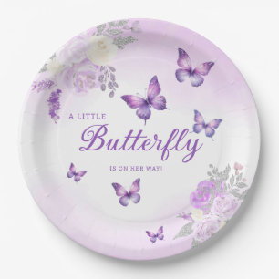Boho Cute Watercolor Floral Butterfly Baby Shower Paper Plate