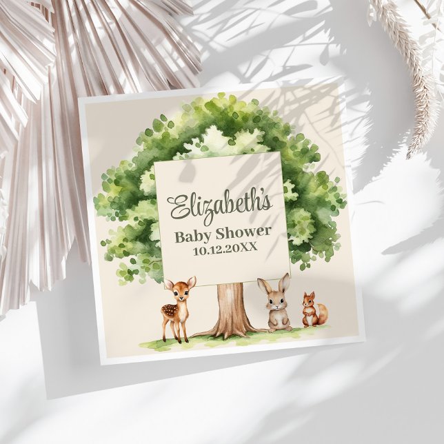 Boho Cute Woodland Animals Baby Shower  Napkin (Boho Cute Woodland Animals Baby Shower Napkins on a sunny white table.)