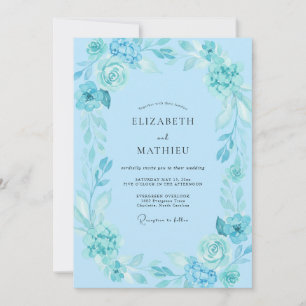 Boho Cyan Watercolor Leafy Wedding Invitation