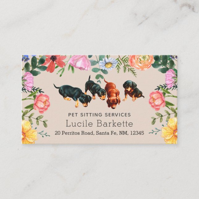 Boho Dachshunds Pet Sitting Wildflowers Beige Business Card (Front)