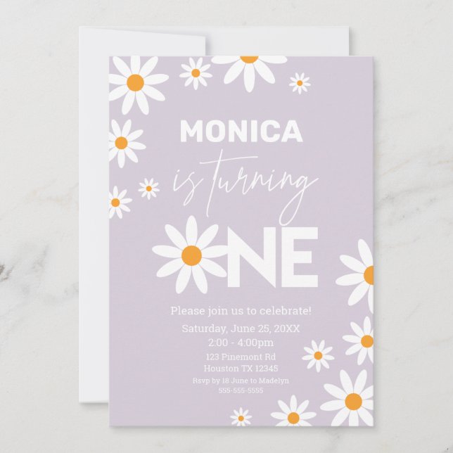 Boho Daisies One Birthday Party lilac invitation (Front)