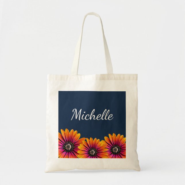 Boho Daisies Rustic Floral Botanical Navy Blue Tote Bag (Front)
