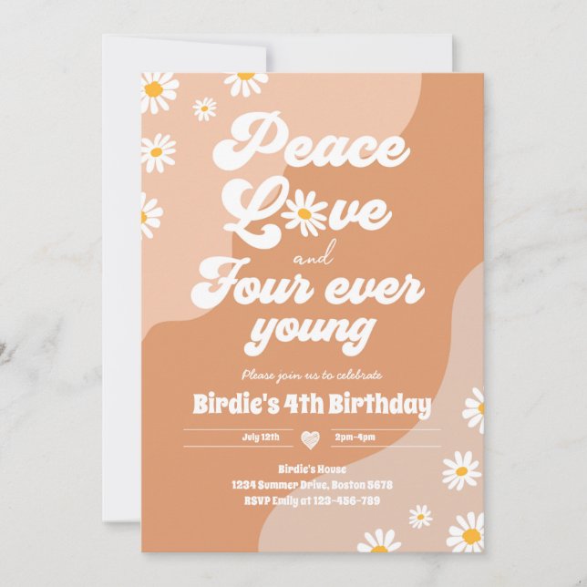 Boho Daisy 4th Birthday Peace Love Four Ever Young Invitation (Front)
