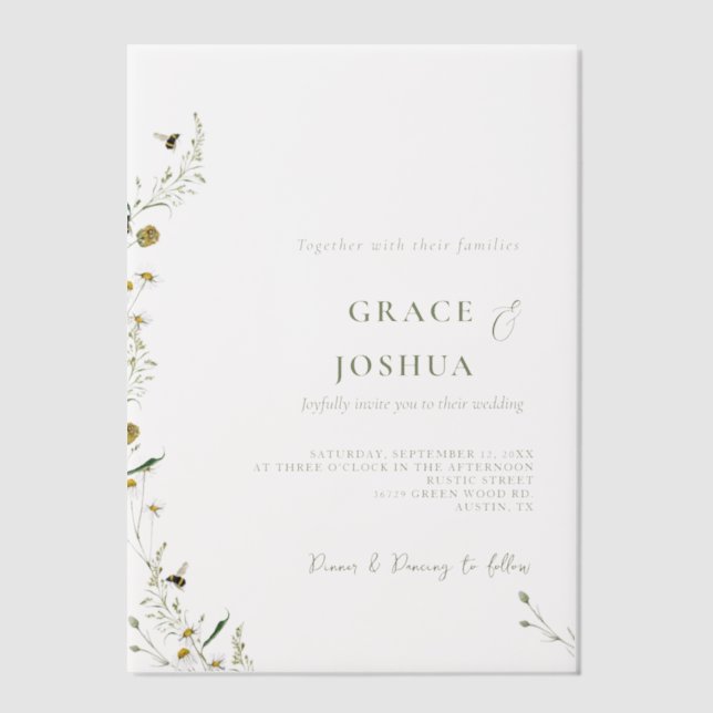 Boho Daisy  Beidge Wildflower wedding  Vellum Invitations (Front)