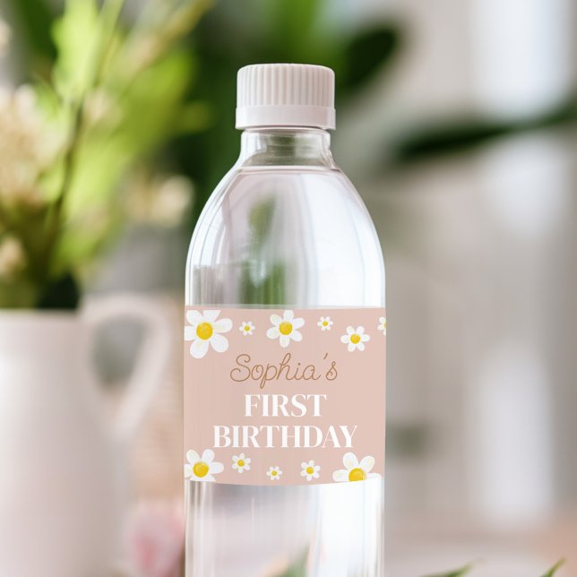 Boho Daisy Bloom Birthday Party Water Bottle Label (Creator Uploaded)