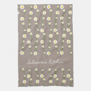 Boho Daisy Chain Floral Pattern Personalized Name Kitchen Towel