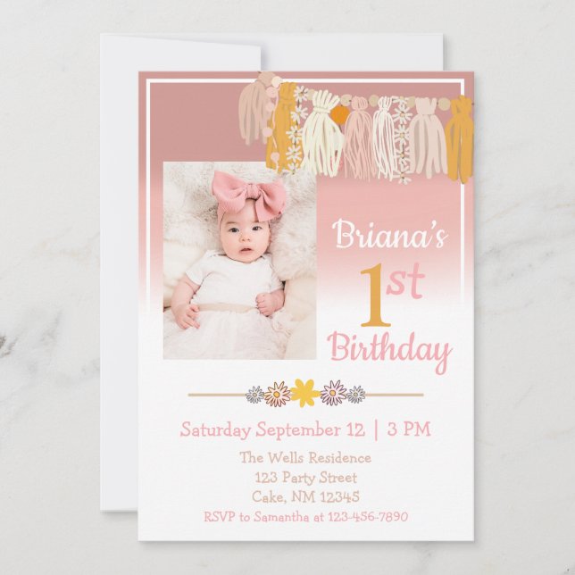 Boho Daisy Custom Photo Pink First Birthday  Invitation (Front)