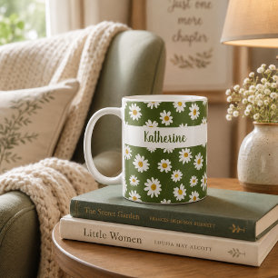 Boho Daisy Floral Pattern Green Coffee Mug