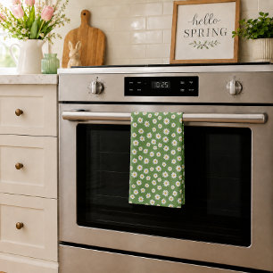 Boho Daisy Floral Pattern Green Kitchen Towel