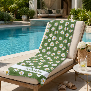 Boho Daisy Floral Pattern Green Name Beach Towel