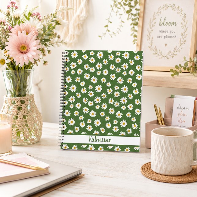 Boho Daisy Floral Pattern Green Name Notebook (Creator Uploaded)