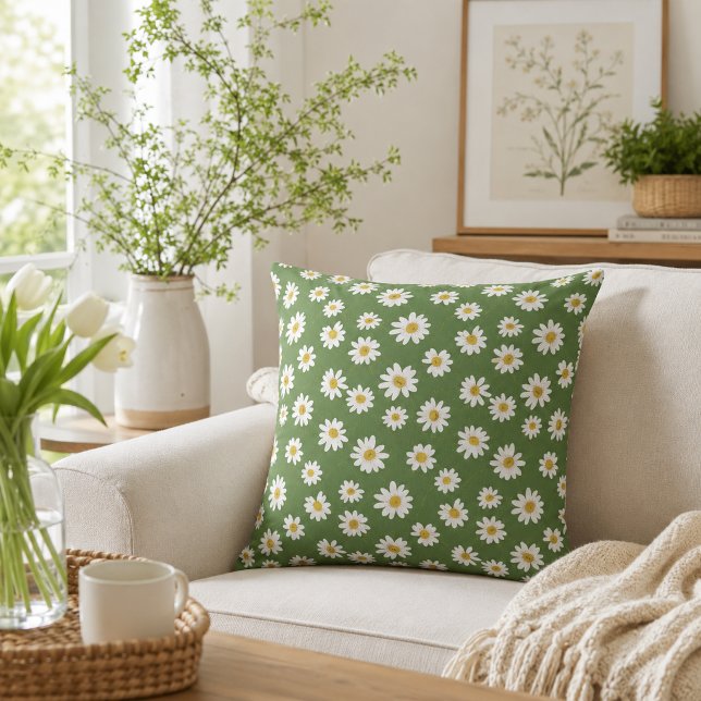 Boho Daisy Floral Pattern Green Throw Pillow (Creator Uploaded)