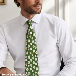 Boho Daisy Floral Pattern Green Tie
