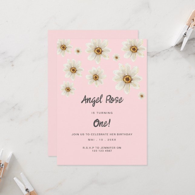 Boho Daisy Flowers Girl 1st Birthday Pink Cute Invitation (Front/Back In Situ)