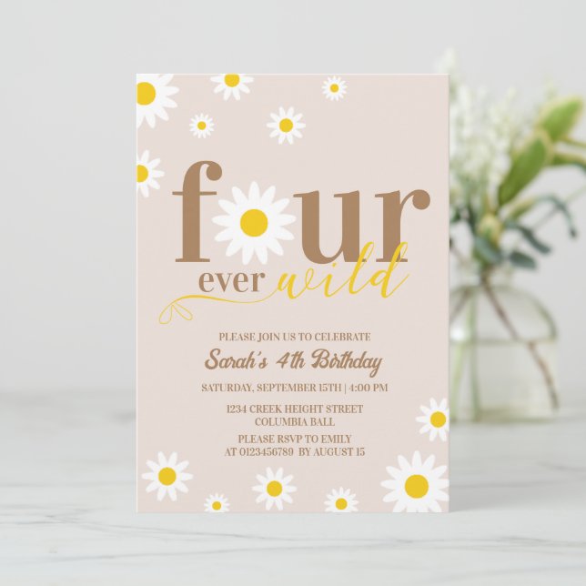 Boho Daisy Four Ever Wild 4th Birthday Invitation (Standing Front)