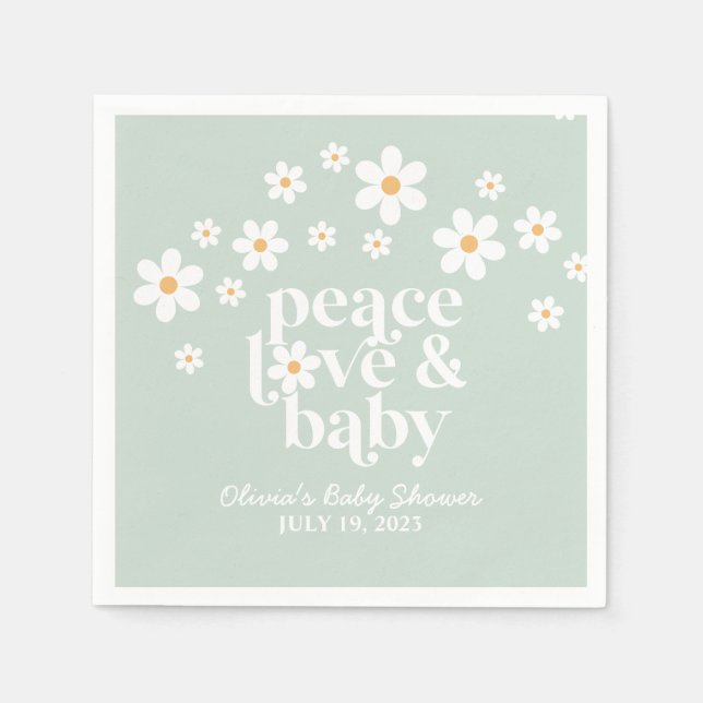boho Daisy green Peace Love Baby Shower Napkin (Front)