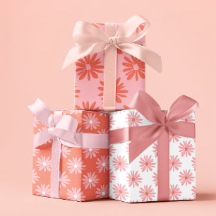 BOHO Daisy Pattern Salmon Pink Floral  Wrapping Paper Sheet