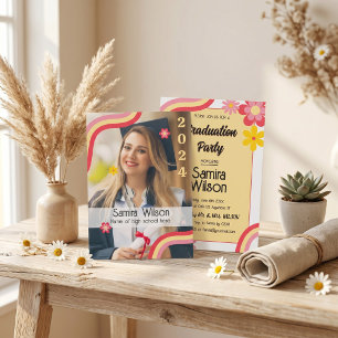 Boho Daisy Retro Sage Green Photo Graduation Party Invitation