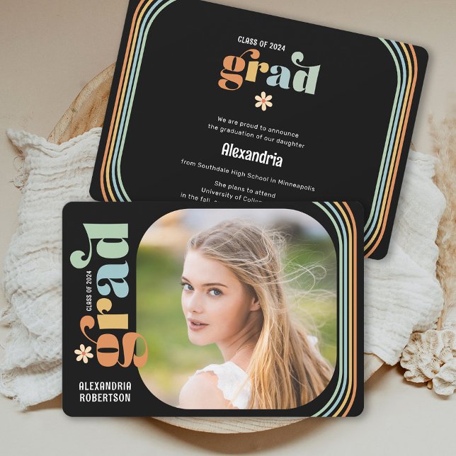 Boho Daisy Retro Text Photo Graduation Announcement (Creator Uploaded)