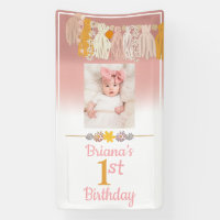 Boho Daisy Tassel Custom Photo Pink First Birthday