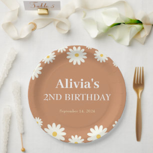 Boho Daisy Two Floral Brown Bohemian 2nd Birthday Paper Plate