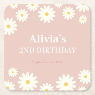 Boho Daisy Two Floral Pink Bohemian 2nd Birthday Square Paper Coaster