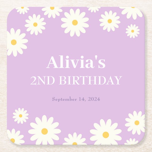 Boho Daisy Two Floral Purple Bohemian 2nd Birthday Square Paper Coaster (Front)