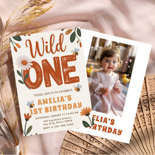 Boho Daisy Wild One First Birthday Photo Invitation