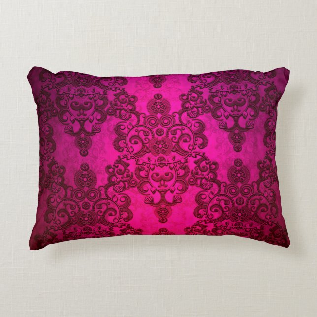 Boho Damask Deep Glowing Pink Victorian Style Accent Pillow (Front)