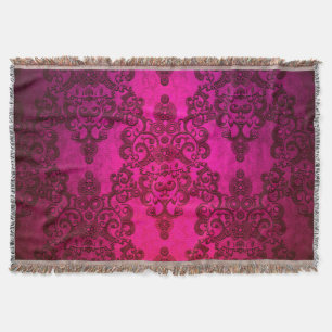 Boho Damask Deep Glowing Pink Victorian Style Throw Blanket