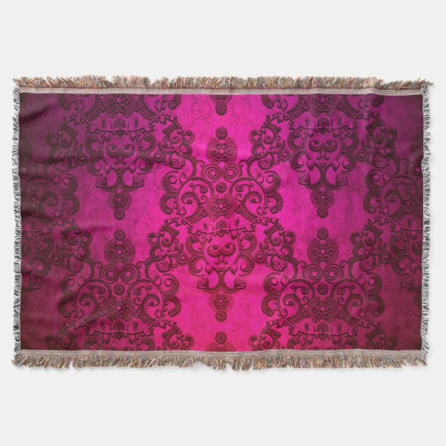 Boho Damask Deep Glowing Pink Victorian Style Throw Blanket (Front)