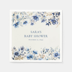 Boho Dark and Dusty Blue Wildflowers Baby Shower Napkin