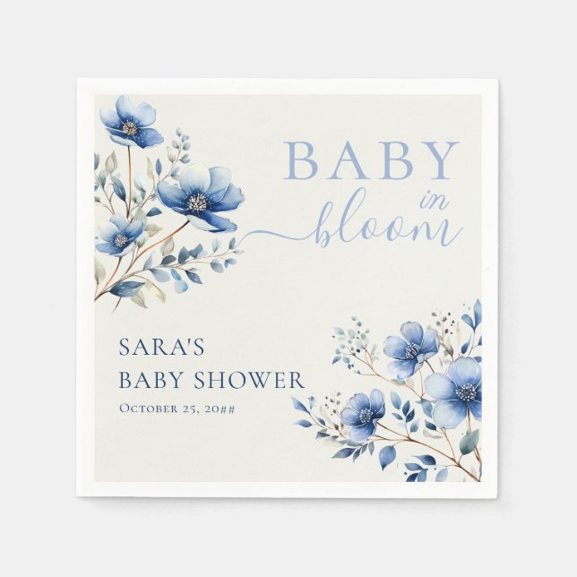 Boho Dark and Dusty Blue Wildflowers Baby Shower Napkin (Front)