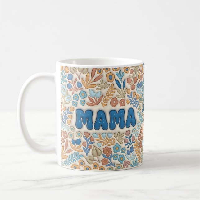 Boho Dark Blue Mama Floral Pattern Mother's Day Coffee Mug (Left)