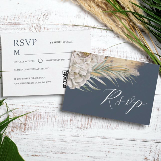 Boho Dark Blue Watercolor Floral RSVP (Creator Uploaded)