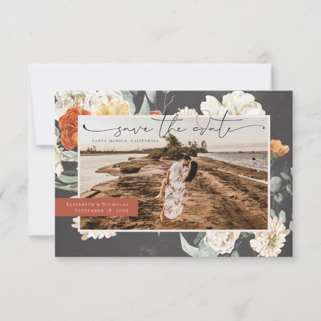Boho Dark Floral Greenery | Photo Wedding Save The Date (Front)