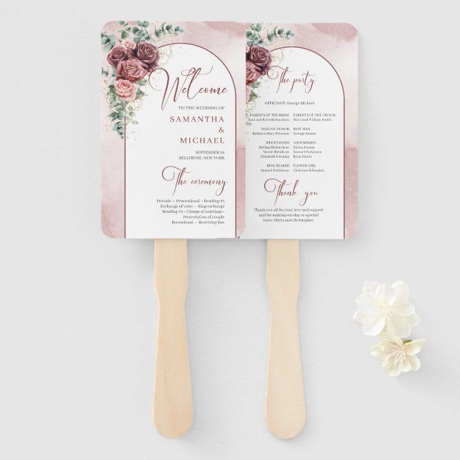 Boho dark maroon and blush roses eucalyptus gold hand fan (Front and Back)