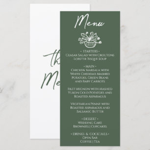 Boho Dark Moss Green Hand Drawn Floral Wedding Menu